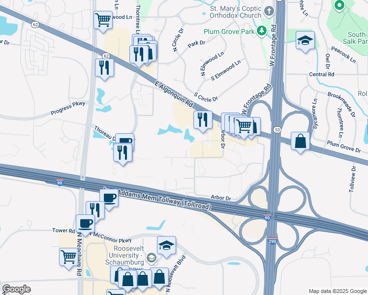 map of restaurants, bars, coffee shops, grocery stores, and more near 1806 Hemlock Place in Schaumburg