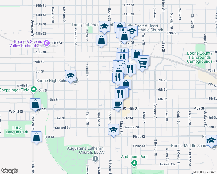 map of restaurants, bars, coffee shops, grocery stores, and more near 527 Boone Street in Boone