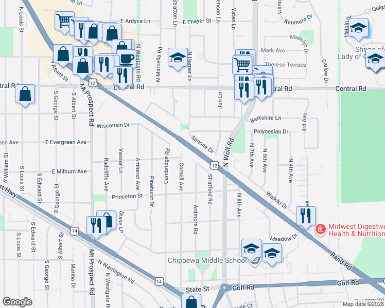 map of restaurants, bars, coffee shops, grocery stores, and more near 489 Cornell Avenue in Des Plaines