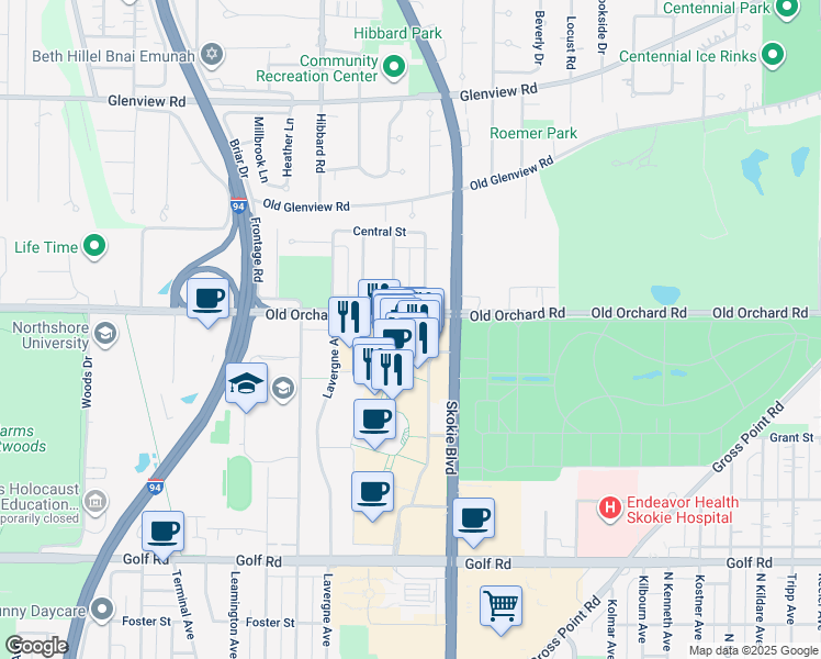 map of restaurants, bars, coffee shops, grocery stores, and more near 66 Old Orchard Shopping Center in Skokie