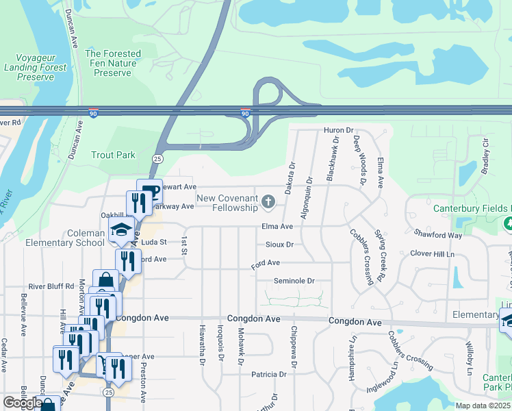 map of restaurants, bars, coffee shops, grocery stores, and more near 838 Elma Avenue in Elgin