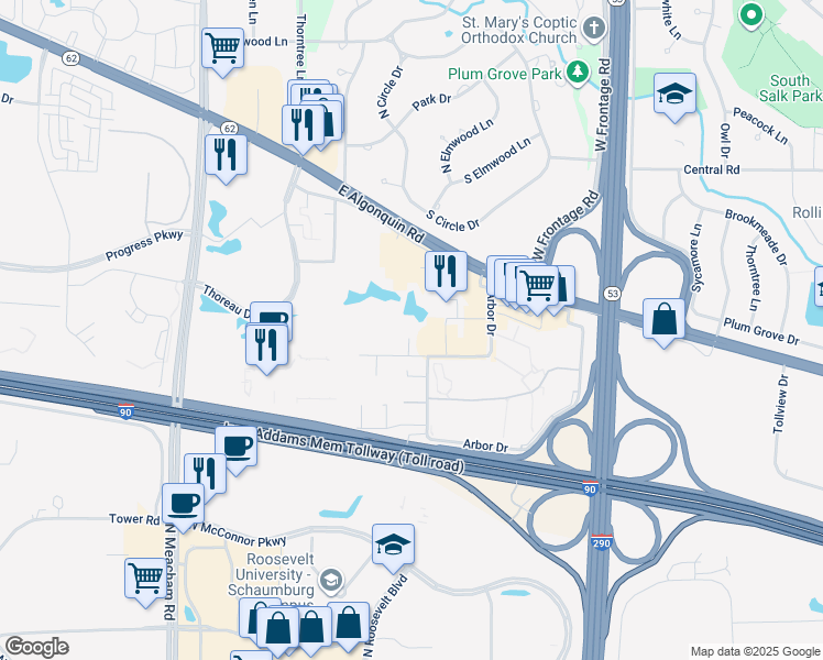 map of restaurants, bars, coffee shops, grocery stores, and more near 1806 Hemlock Place in Schaumburg