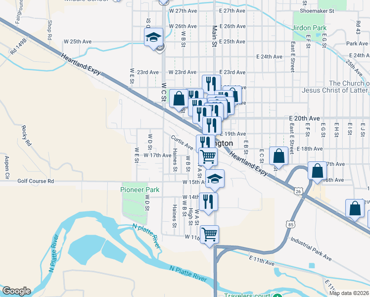 map of restaurants, bars, coffee shops, grocery stores, and more near 301-357 W 17th Ave in Torrington