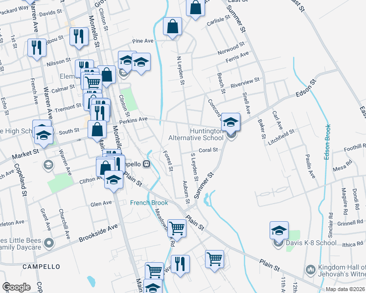 map of restaurants, bars, coffee shops, grocery stores, and more near 57 Auburn Street in Brockton