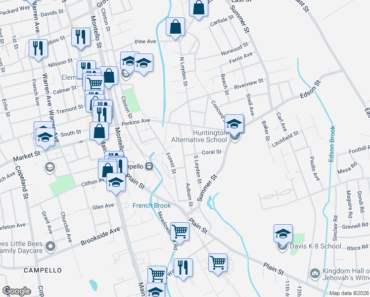map of restaurants, bars, coffee shops, grocery stores, and more near 57 Auburn Street in Brockton