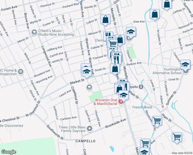 map of restaurants, bars, coffee shops, grocery stores, and more near 1125 Warren Avenue in Brockton