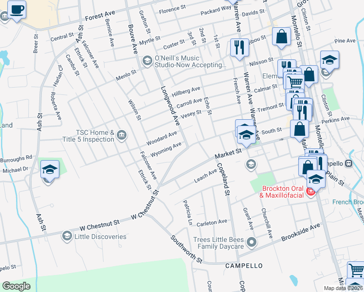 map of restaurants, bars, coffee shops, grocery stores, and more near 245 West Chestnut Street in Brockton