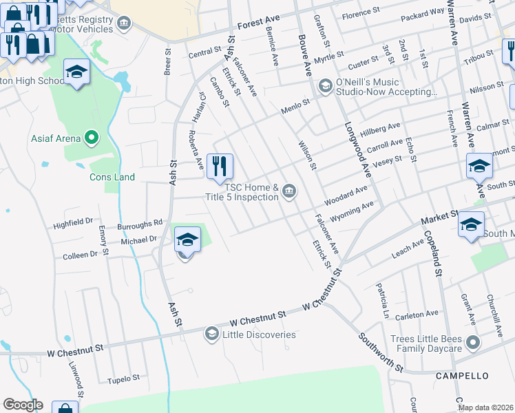 map of restaurants, bars, coffee shops, grocery stores, and more near 200 Magoun Avenue in Brockton