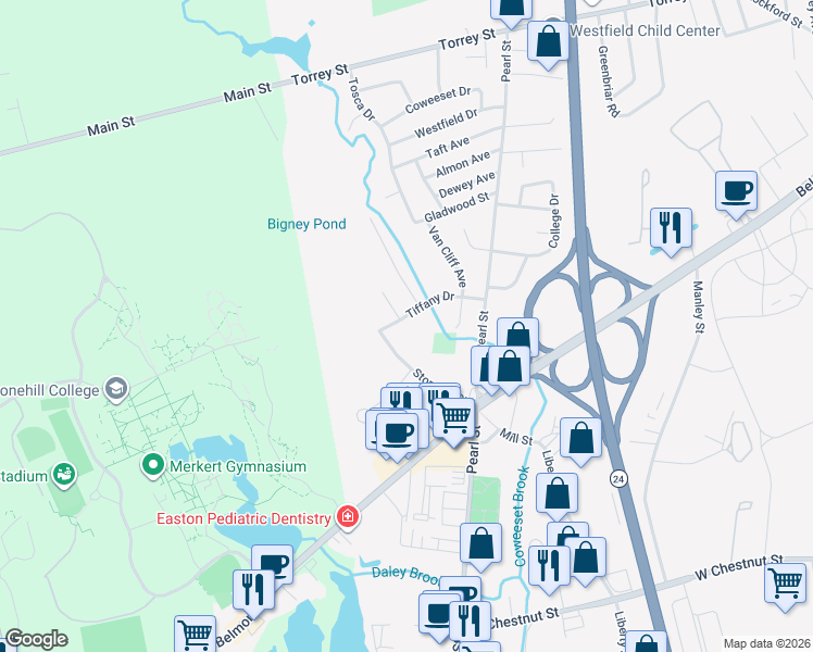 map of restaurants, bars, coffee shops, grocery stores, and more near 69 Stonehill Street in Brockton