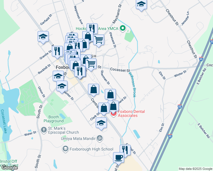 map of restaurants, bars, coffee shops, grocery stores, and more near 29 Sherman Street in Foxborough