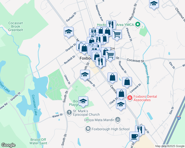 map of restaurants, bars, coffee shops, grocery stores, and more near 79 Carpenter Street in Foxborough