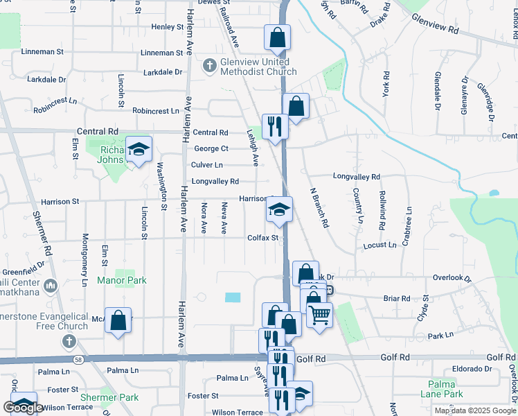 map of restaurants, bars, coffee shops, grocery stores, and more near 320 Nottingham Avenue in Glenview