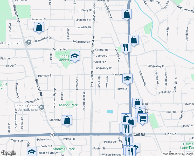map of restaurants, bars, coffee shops, grocery stores, and more near 317 Harlem Avenue in Glenview