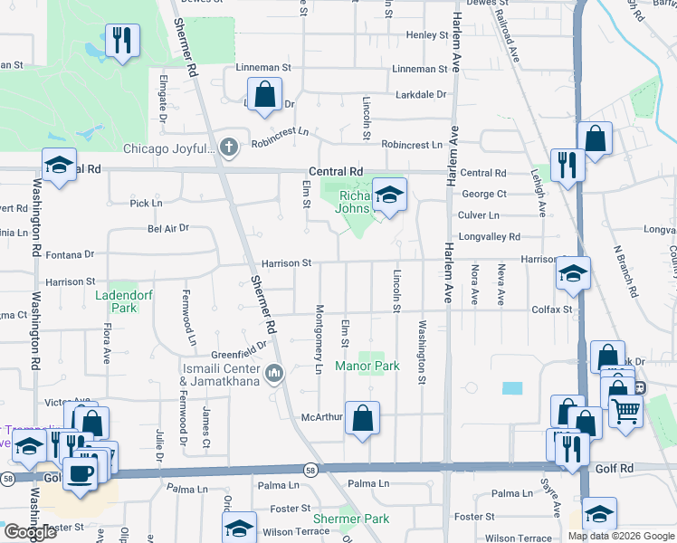 map of restaurants, bars, coffee shops, grocery stores, and more near 319 Montgomery Lane in Glenview