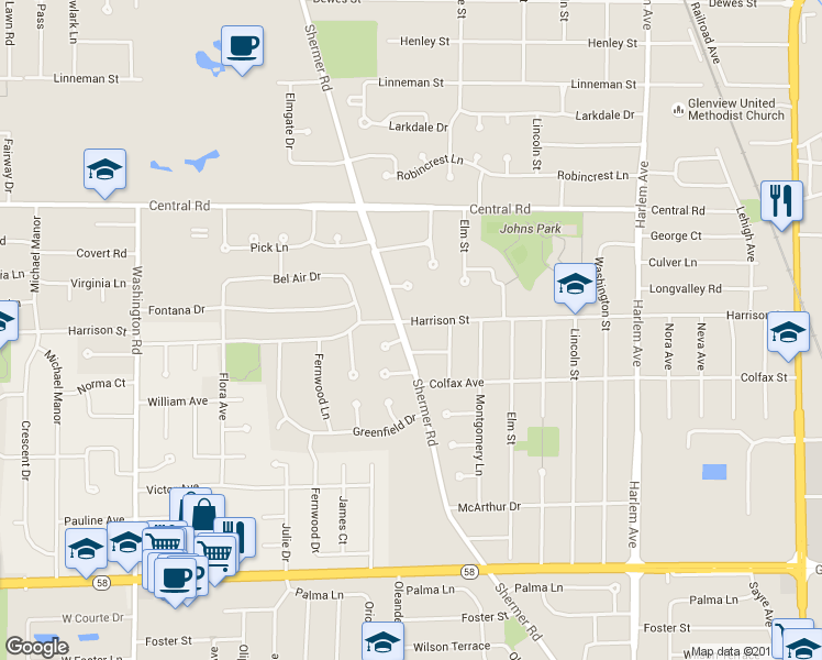 map of restaurants, bars, coffee shops, grocery stores, and more near 2222 Birchwood Court in Glenview