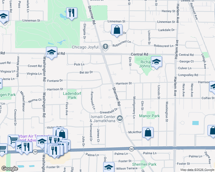 map of restaurants, bars, coffee shops, grocery stores, and more near 2309 Malik Court in Glenview