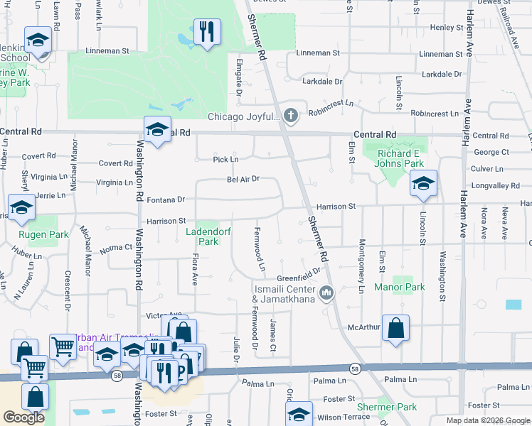 map of restaurants, bars, coffee shops, grocery stores, and more near 324 Bel Air Drive in Glenview