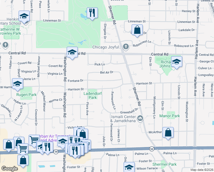 map of restaurants, bars, coffee shops, grocery stores, and more near 2441 Harrison Street in Glenview