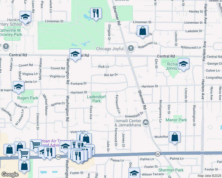 map of restaurants, bars, coffee shops, grocery stores, and more near 2441 Harrison Street in Glenview