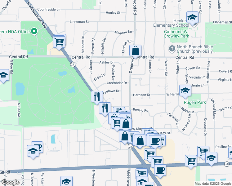 map of restaurants, bars, coffee shops, grocery stores, and more near 332 Hazelwood Lane in Glenview