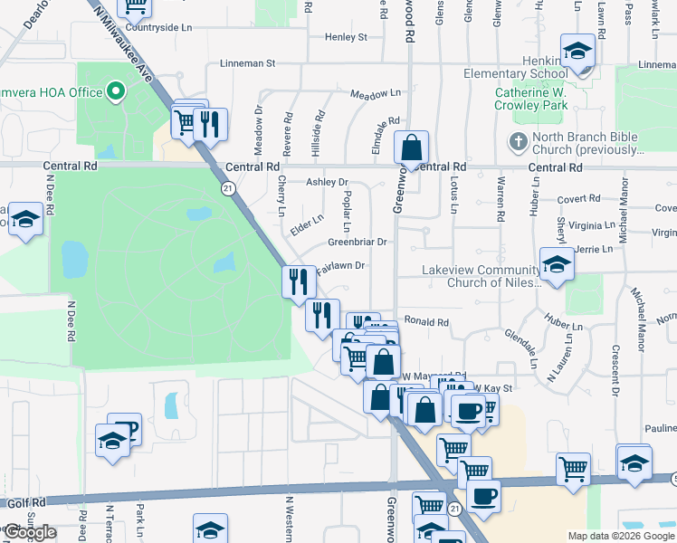 map of restaurants, bars, coffee shops, grocery stores, and more near 319 Cherry Court in Glenview
