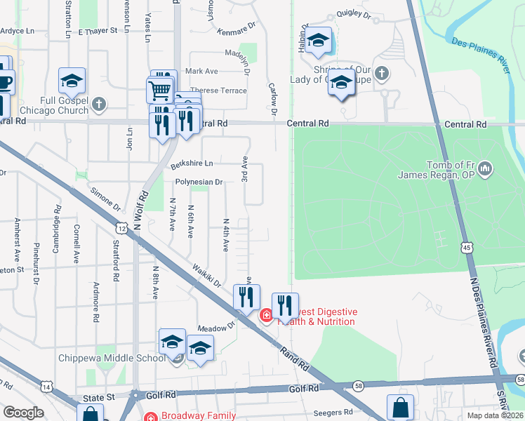 map of restaurants, bars, coffee shops, grocery stores, and more near 509 North 3rd Avenue in Des Plaines