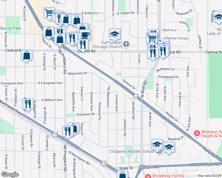 map of restaurants, bars, coffee shops, grocery stores, and more near 493 Cambridge Road in Des Plaines