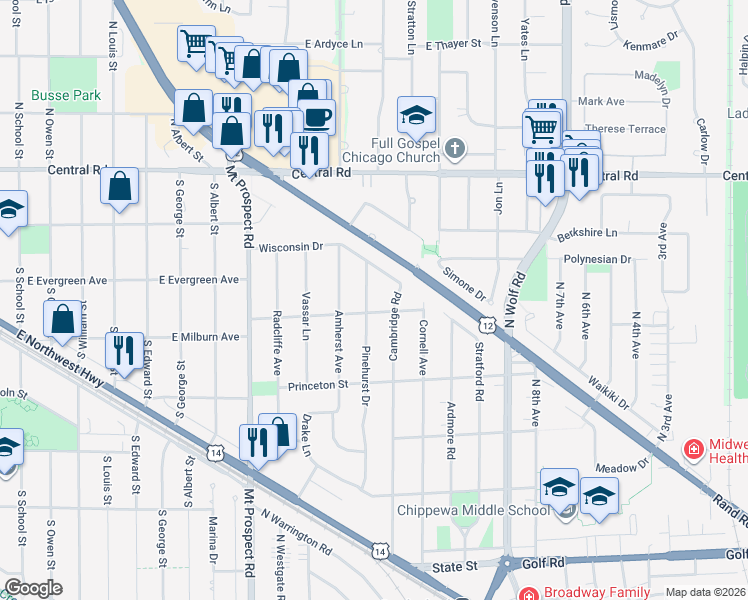 map of restaurants, bars, coffee shops, grocery stores, and more near 494 Pinehurst Drive in Des Plaines