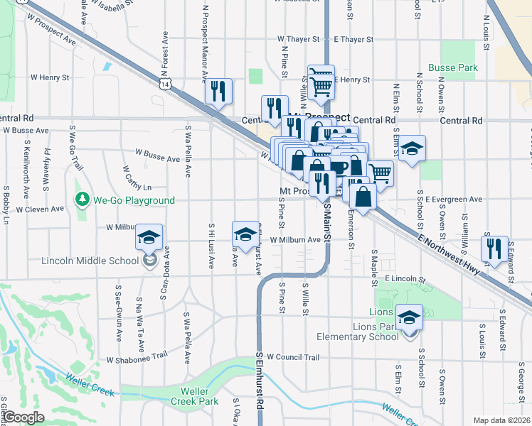 map of restaurants, bars, coffee shops, grocery stores, and more near 217 South Elmhurst Avenue in Mount Prospect