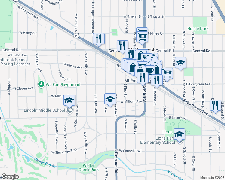 map of restaurants, bars, coffee shops, grocery stores, and more near 215 South I Oka Avenue in Mount Prospect