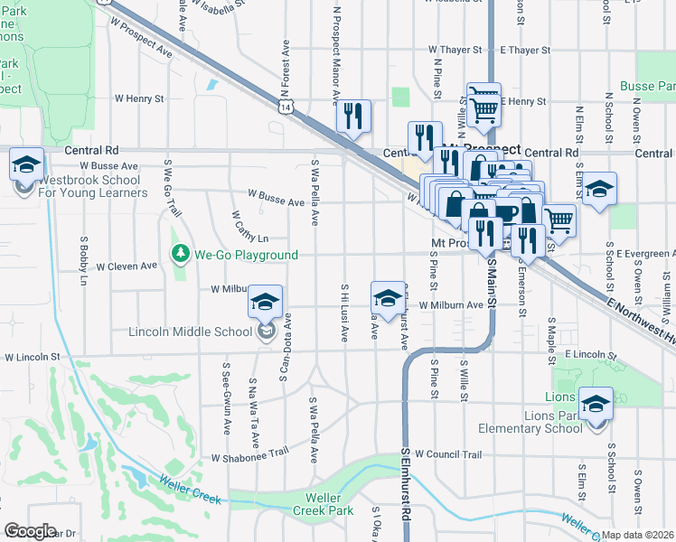 map of restaurants, bars, coffee shops, grocery stores, and more near 215 South Hi Lusi Avenue in Mount Prospect