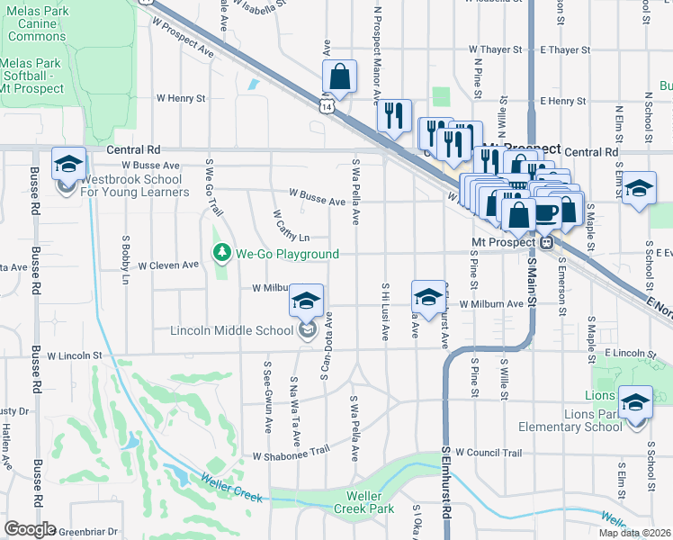map of restaurants, bars, coffee shops, grocery stores, and more near 217 South Can-Dota Avenue in Mount Prospect