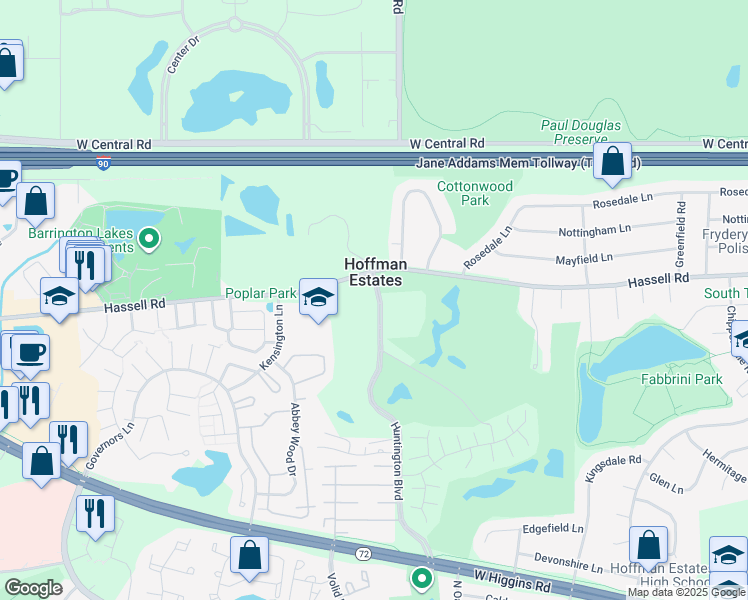 map of restaurants, bars, coffee shops, grocery stores, and more near 1944 Huntington Boulevard in Hoffman Estates