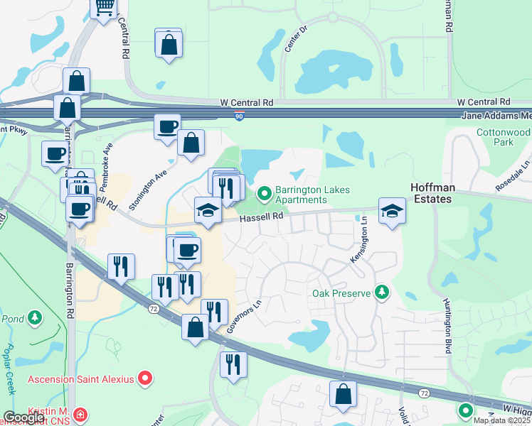 map of restaurants, bars, coffee shops, grocery stores, and more near 2147 Hassell Road in Hoffman Estates