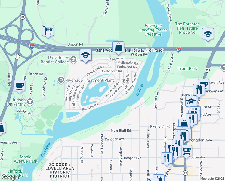 map of restaurants, bars, coffee shops, grocery stores, and more near 1110 Candlewood Road in Elgin