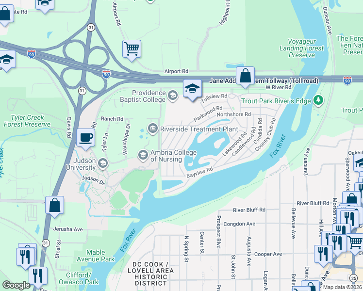 map of restaurants, bars, coffee shops, grocery stores, and more near 254 Lake Terrace Road in Elgin