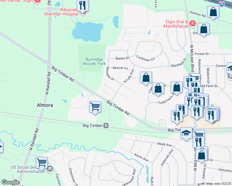 map of restaurants, bars, coffee shops, grocery stores, and more near 1955 Matthew Court in Elgin