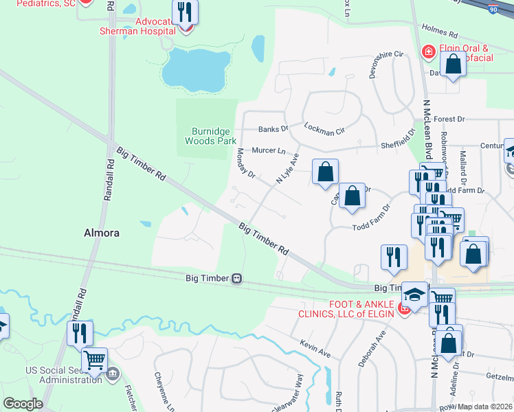 map of restaurants, bars, coffee shops, grocery stores, and more near 1955 Matthew Court in Elgin