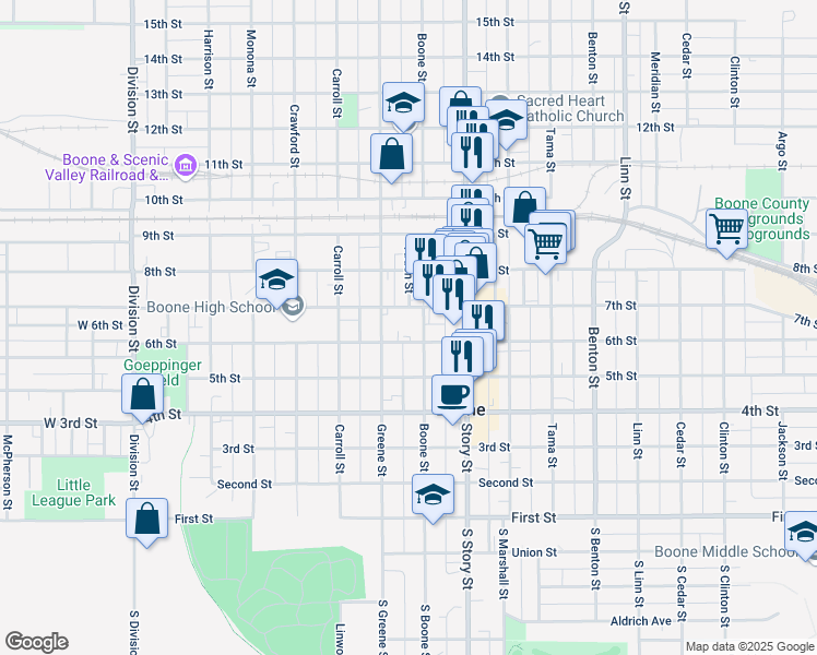 map of restaurants, bars, coffee shops, grocery stores, and more near 527 Boone Street in Boone