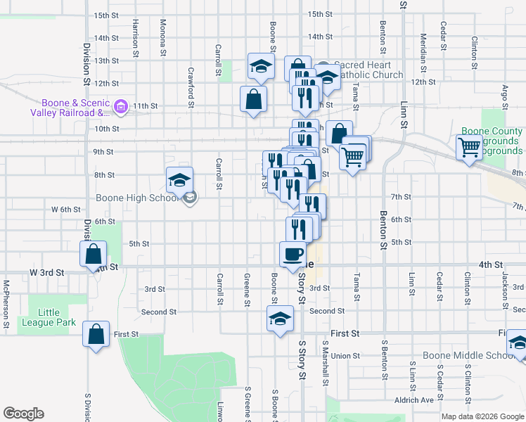 map of restaurants, bars, coffee shops, grocery stores, and more near 527 Boone Street in Boone