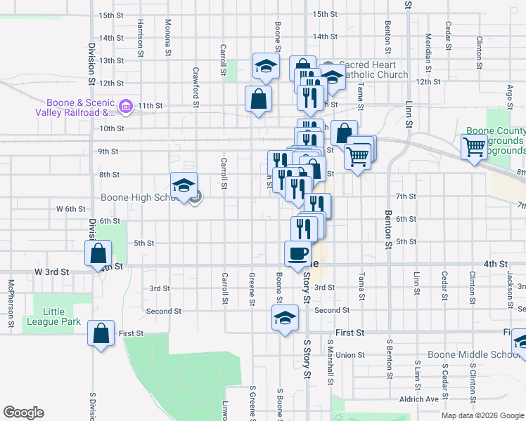map of restaurants, bars, coffee shops, grocery stores, and more near 527 Boone Street in Boone