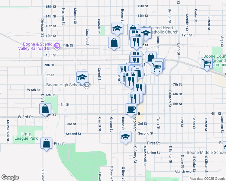 map of restaurants, bars, coffee shops, grocery stores, and more near 527 Greene Street in Boone