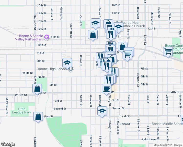 map of restaurants, bars, coffee shops, grocery stores, and more near 527 Greene Street in Boone