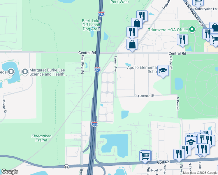 map of restaurants, bars, coffee shops, grocery stores, and more near 10034 Holly Lane in Des Plaines