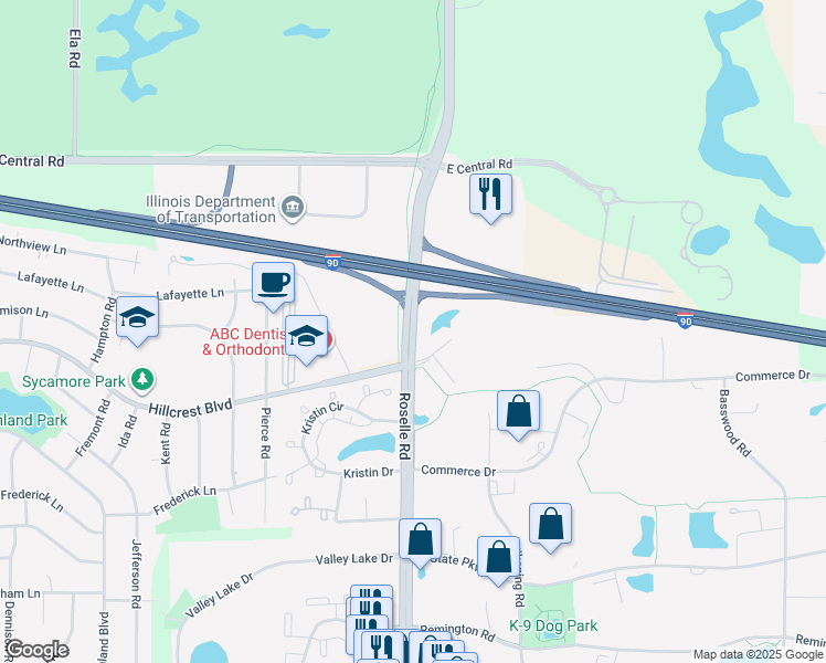 map of restaurants, bars, coffee shops, grocery stores, and more near North Roselle Road in Hoffman Estates