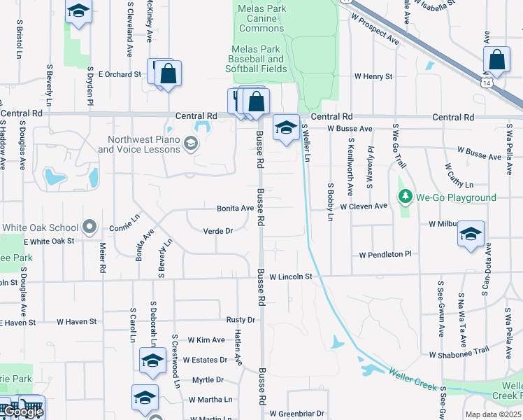 map of restaurants, bars, coffee shops, grocery stores, and more near 202 Busse Road in Mount Prospect