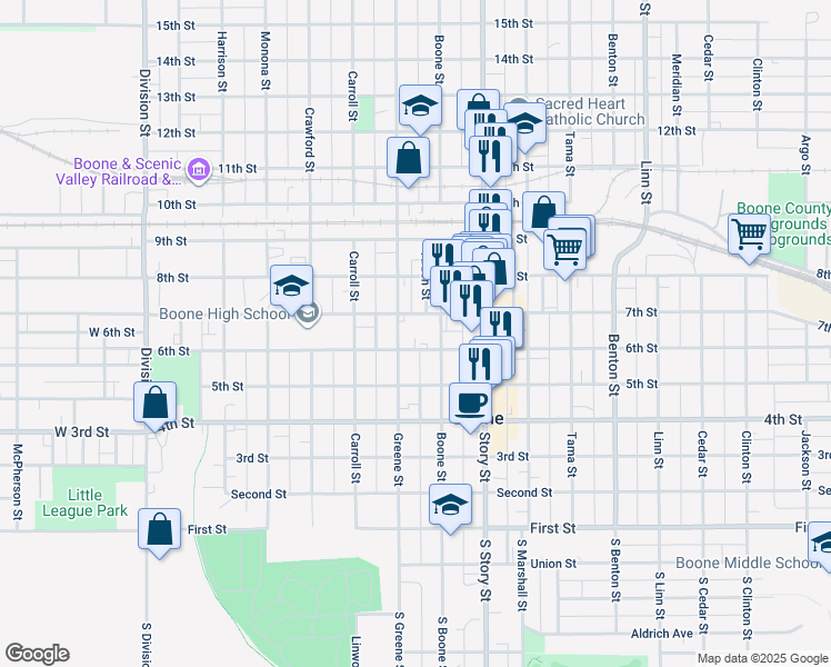 map of restaurants, bars, coffee shops, grocery stores, and more near 527 Boone Street in Boone