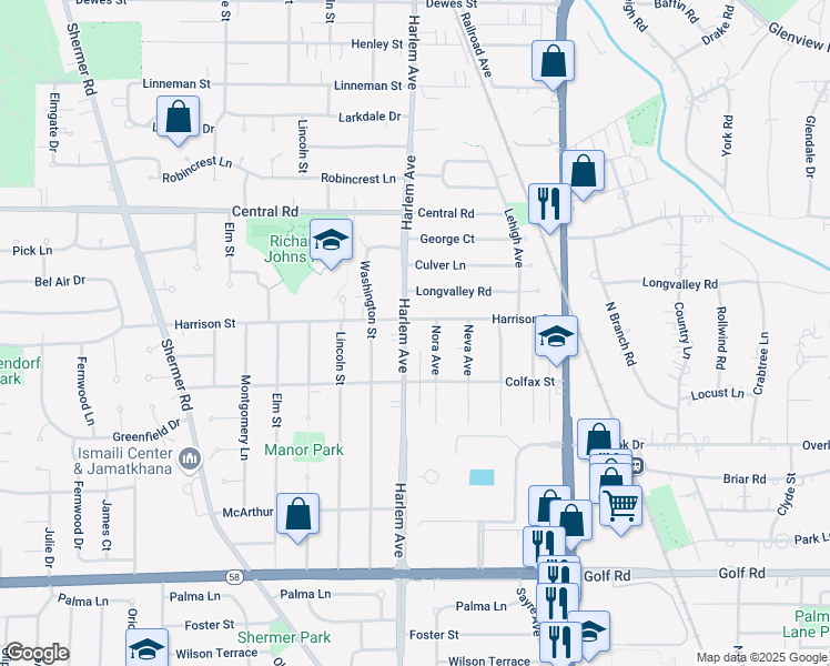 map of restaurants, bars, coffee shops, grocery stores, and more near 317 Harlem Avenue in Glenview