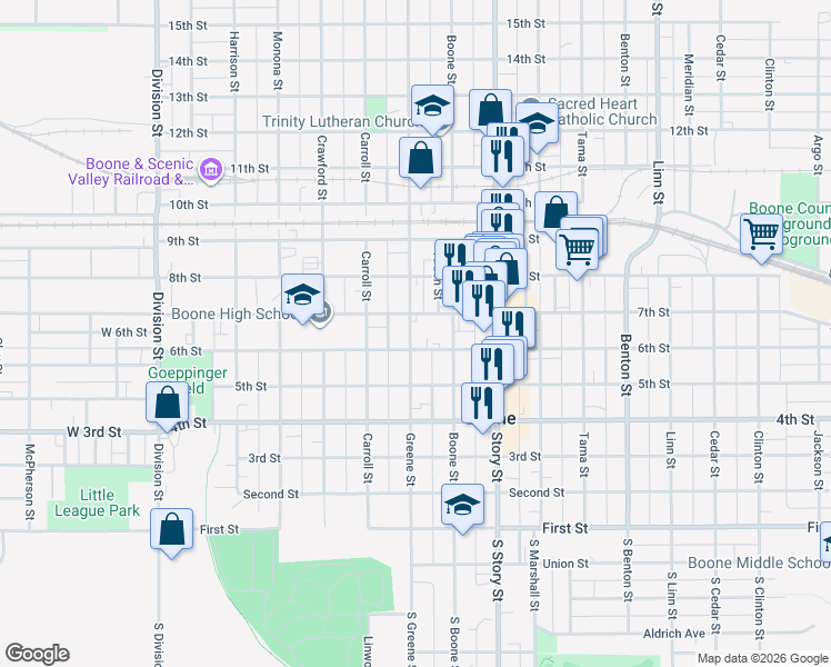 map of restaurants, bars, coffee shops, grocery stores, and more near 527 Greene Street in Boone