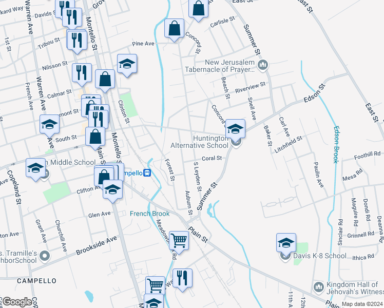 map of restaurants, bars, coffee shops, grocery stores, and more near 85 South Leyden Street in Brockton